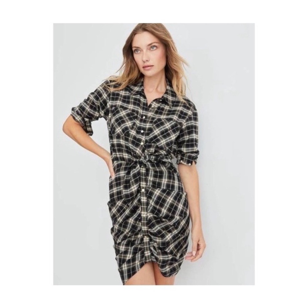 Veronica Beard Sierra Black Plaid Shirt Dress Pearl Button Tie Waist Size 4